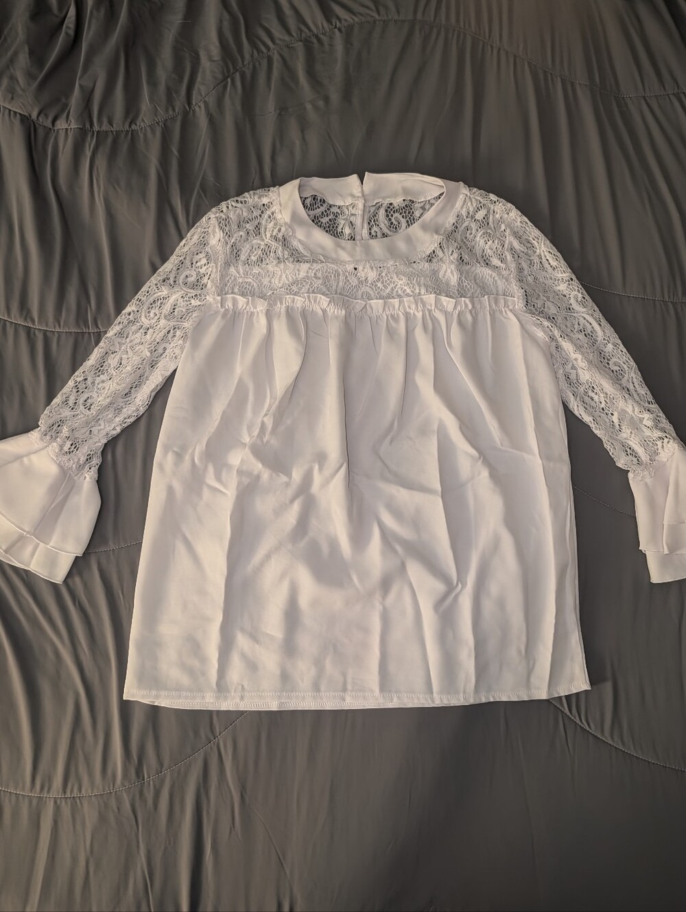 Women's White Lace Yoke Blouse - Elegant Long Sleeve Top With Flare Cuffs, in L